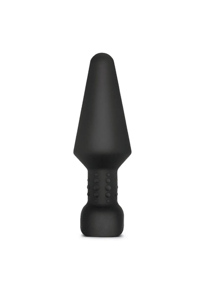 Zwarte rimming plug met geribbelde greepzone en afgeronde brede basis.