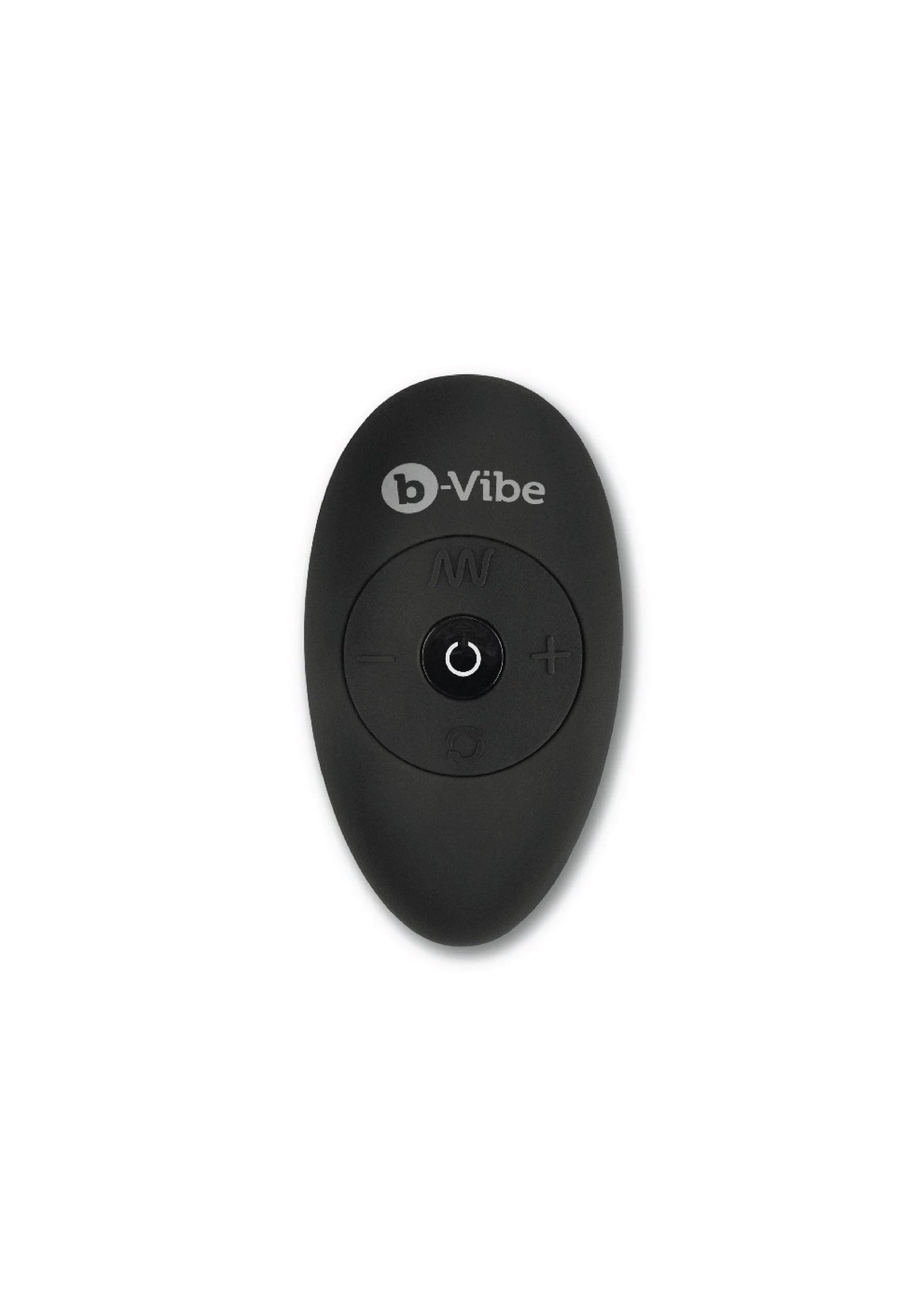 B-Vibe afstandsbediening, ovale zwarte behuizing met aan/uit-knop.