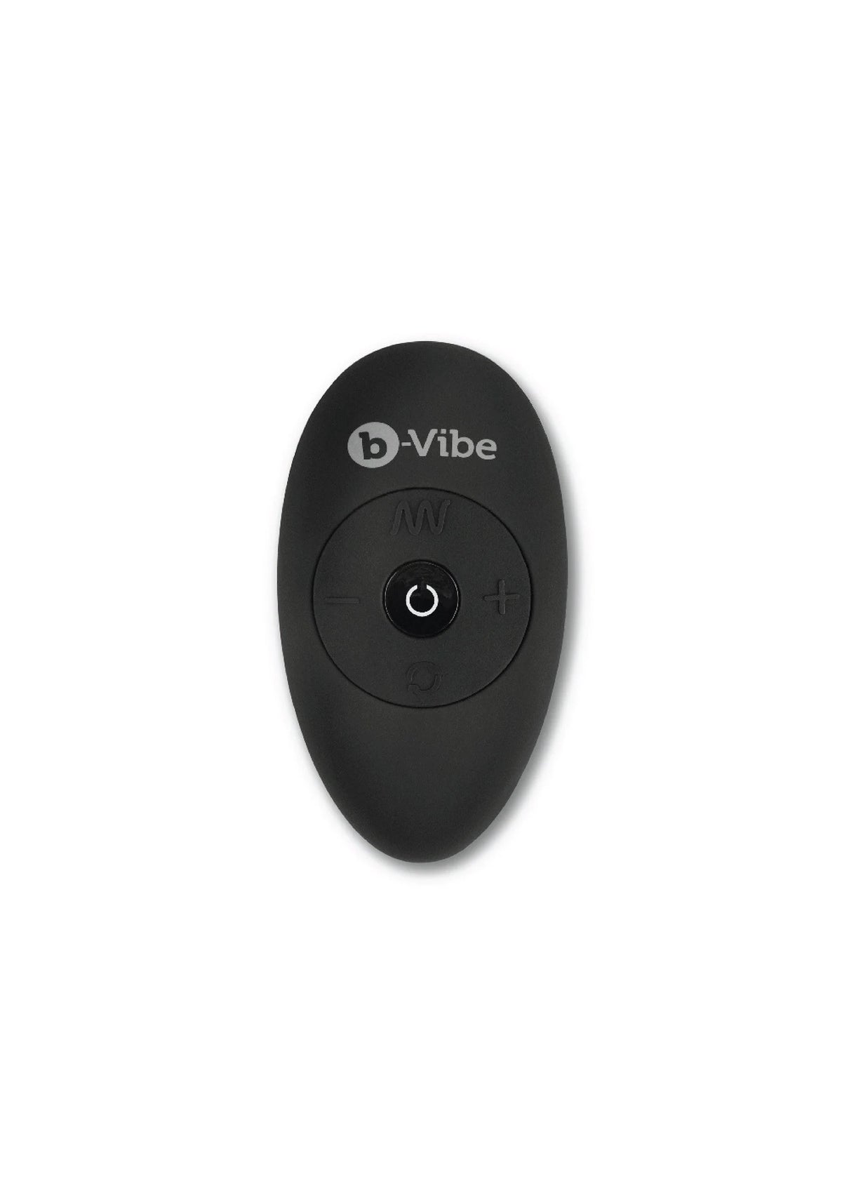 B-Vibe afstandsbediening, ovale zwarte behuizing met aan/uit-knop.