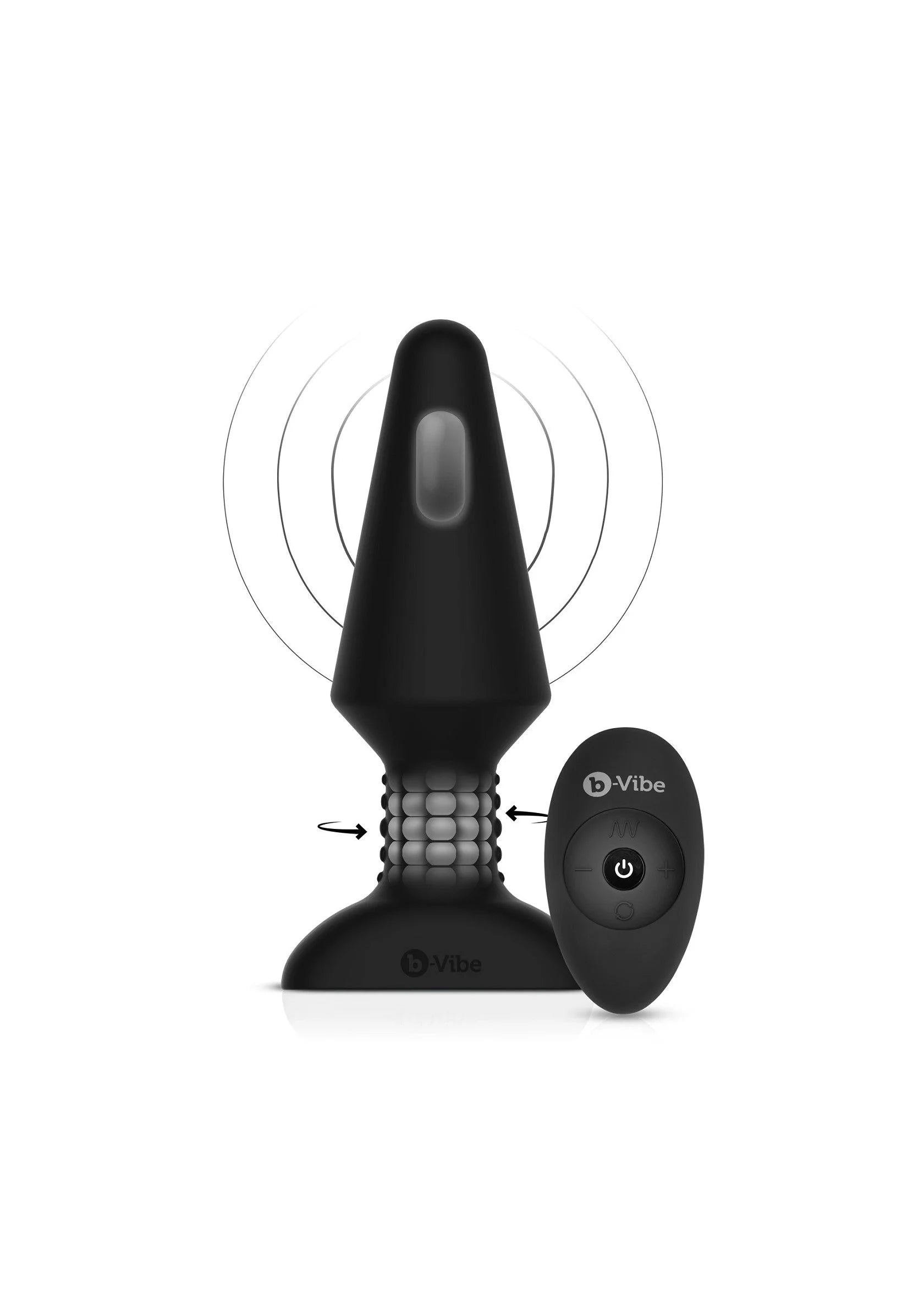 Zwarte anale plug XL met ribbels en voet; afstandsbediening met knop