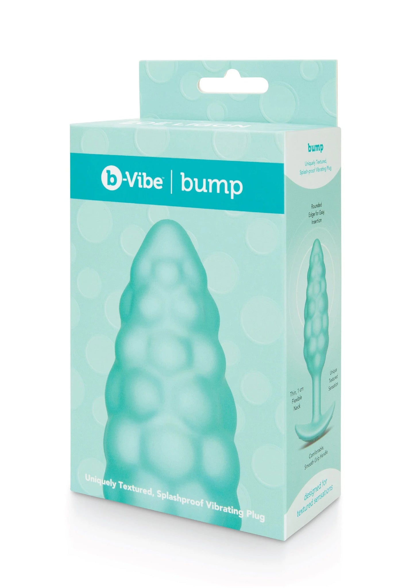 B-Vibe bump anale plug verpakking met productafbeelding, lichtblauwgroen