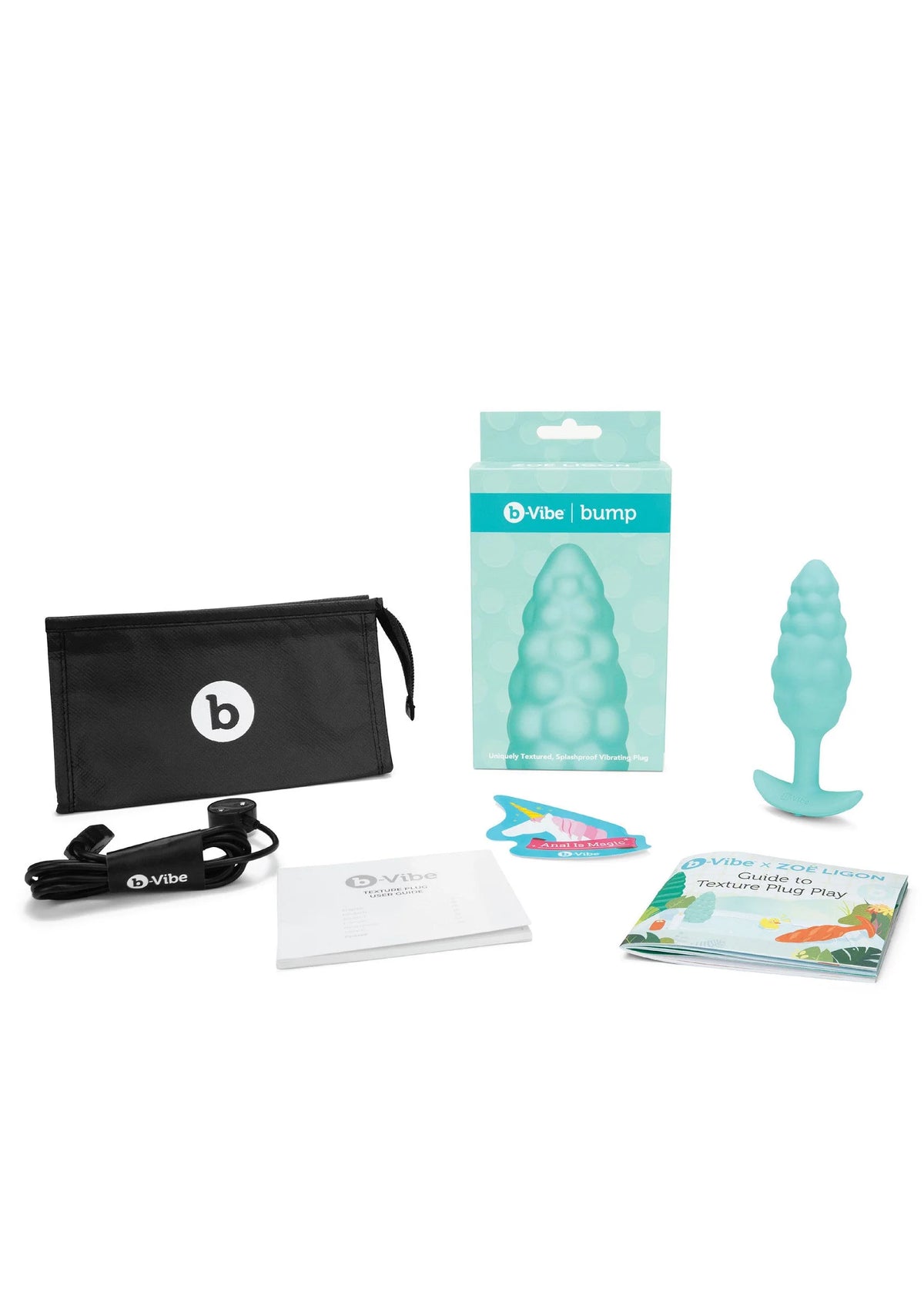 Turquoise anale plug in verpakking, met koord en instructieboekje
