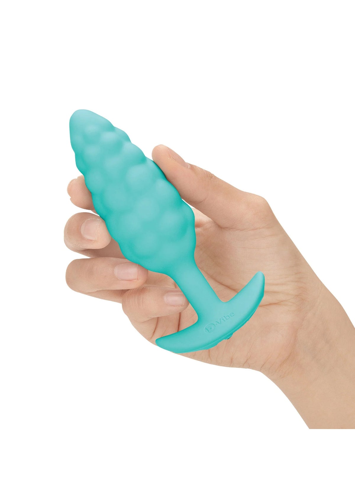 Turquoise anale plug met bultenstructuur en brede voet, in hand