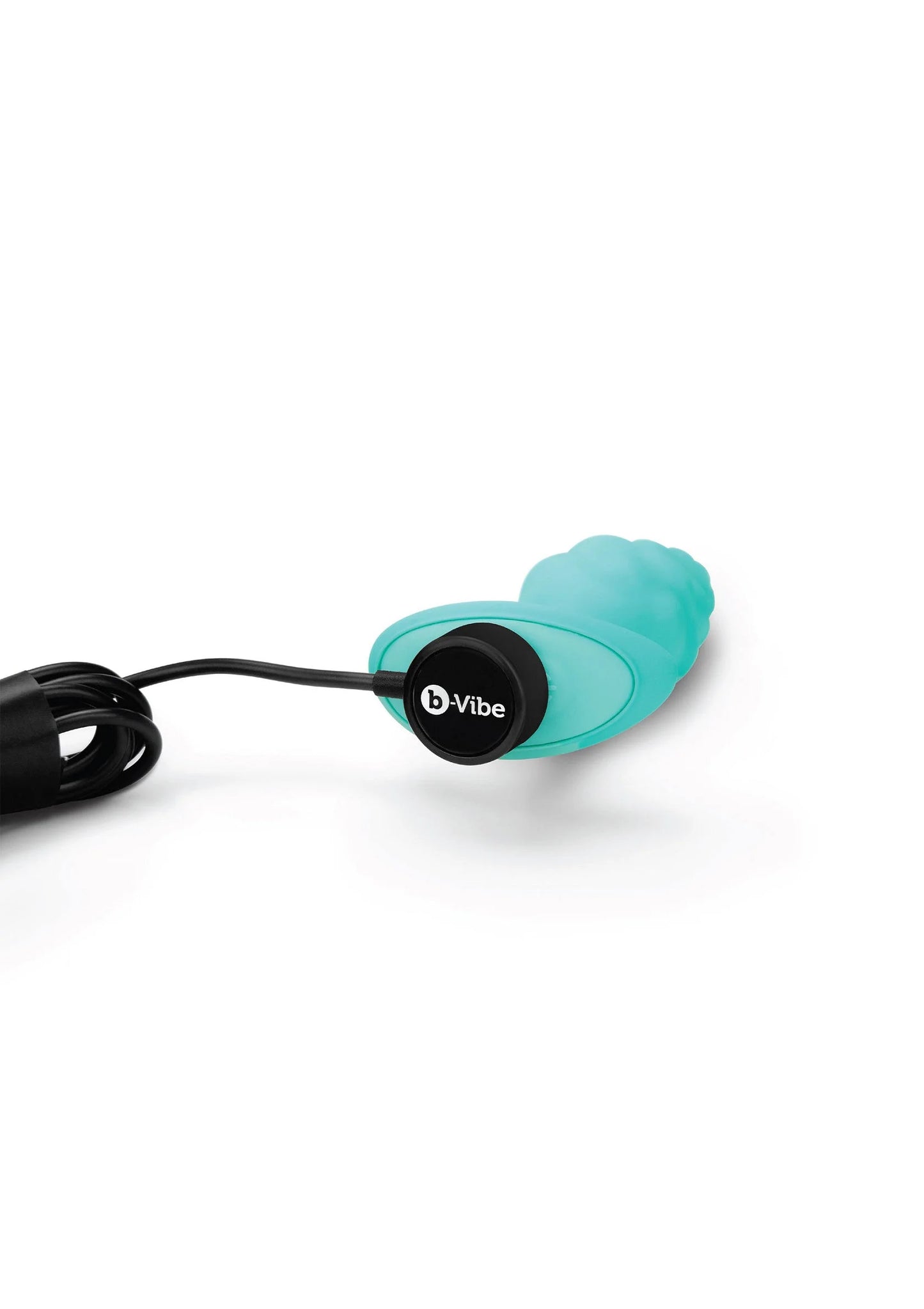 Turquoise anale plug met bultenstructuur en trilvoet, met zwart koord