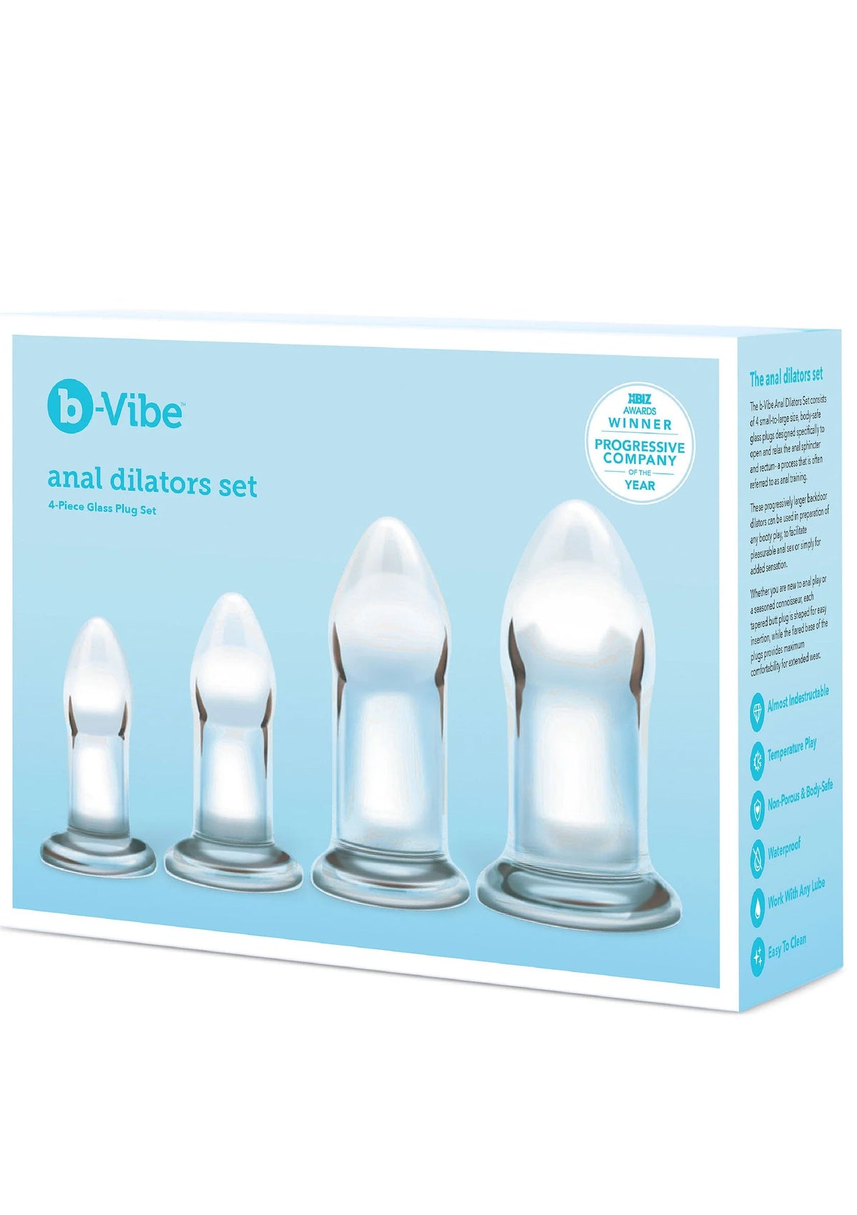 Verpakking van b-Vibe set anale dilatatoren met vier witte kegels en transparante voetjes