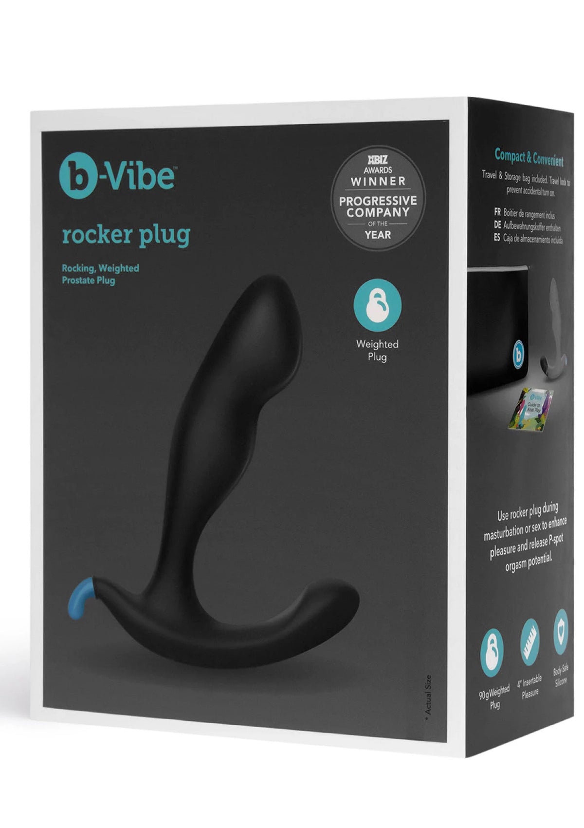 Zwarte doos met b-Vibe Rocker plug afgebeeld, met blauwe details