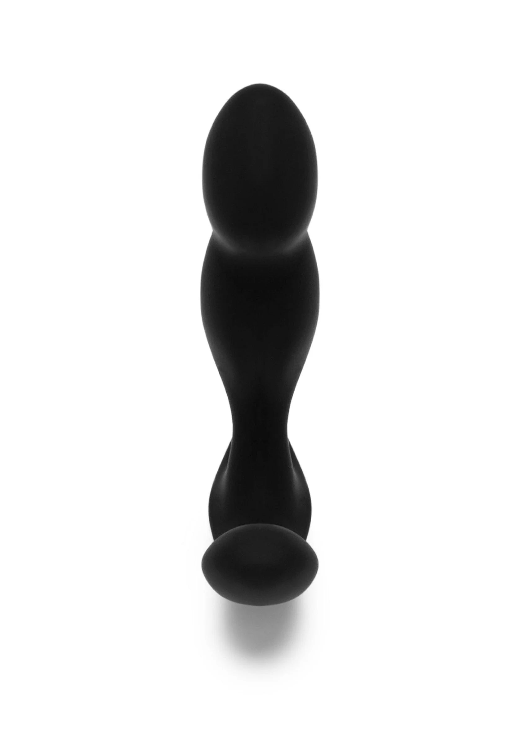 Zwarte plug met opstaande top en ronde basis, blauwe knop onderaan