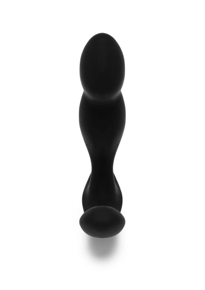 Zwarte plug met opstaande top en ronde basis, blauwe knop onderaan