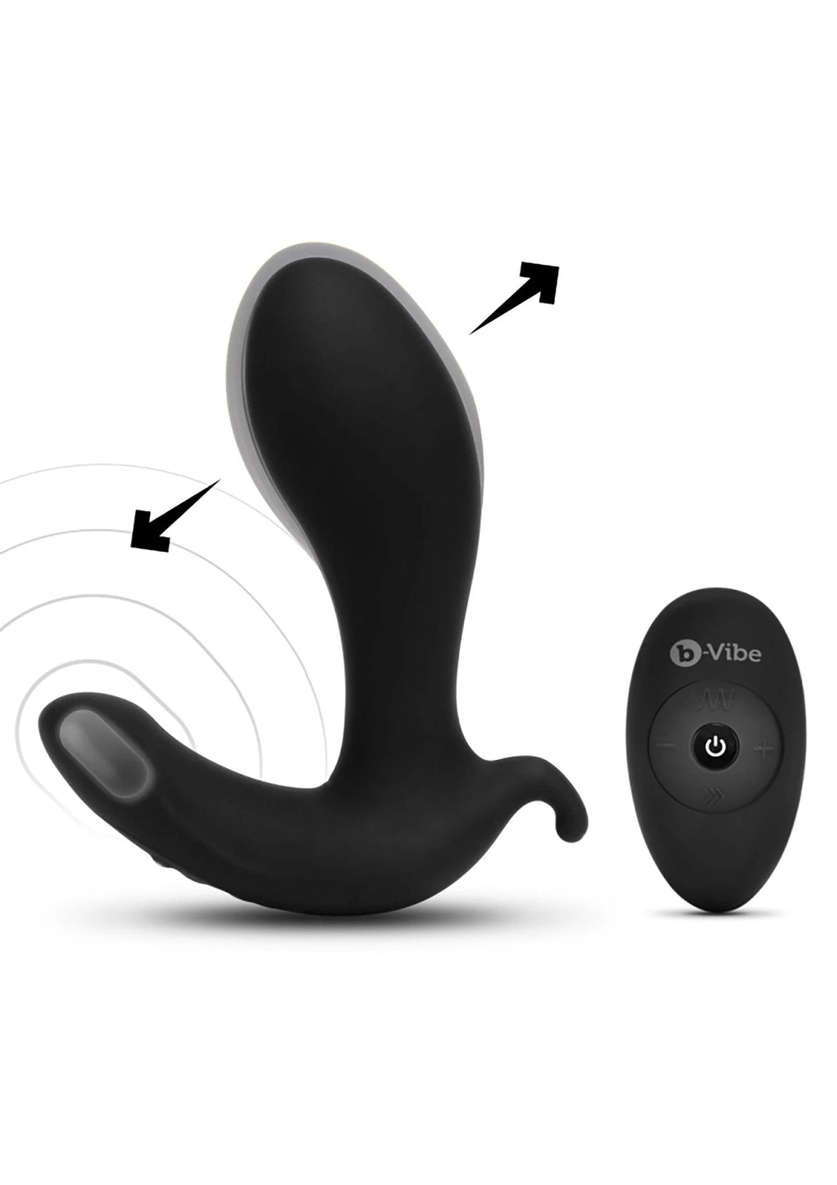 Zwarte anale plug met afstandsbediening en pijlen die de vormbeweging aangeven