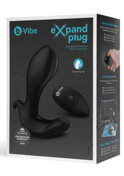 B-Vibe eXpand plug doos met zwarte anale plug, afstandsbediening en informatieve teksten