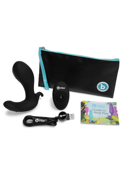Set met zwarte anale plug, afstandsbediening, kabel en opbergtasje (bVibe).