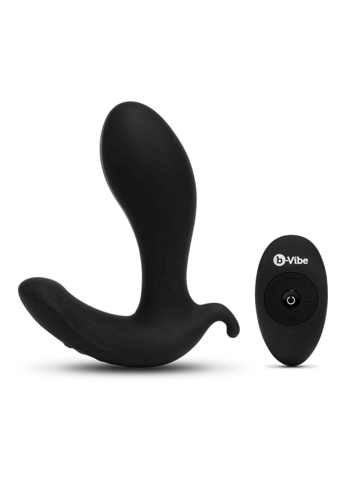 Zwarte anale plug naast draadloze afstandsbediening met ronde knop (bVibe).