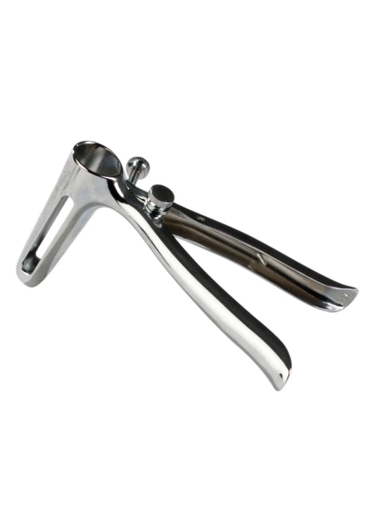 Anale speculum met twee gebogen ringen en centrale scharnier, glanzend zilverkleurig metaal