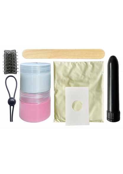 Vibratorset: zwarte vibrator, roze gelpot, beige malzak, houten staaf en accessoires