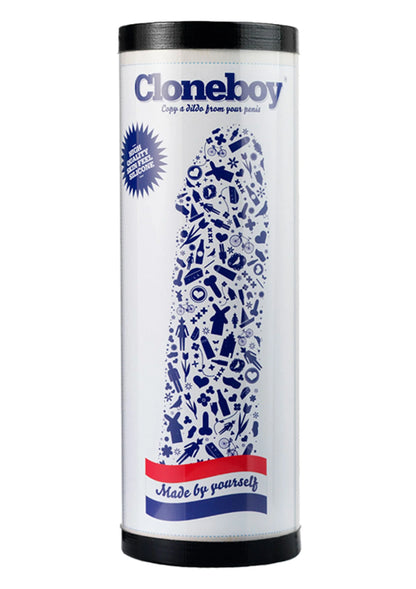 Cloneboy-dildo in zwarte en zilveren opbergkoker met blauwe decoratie