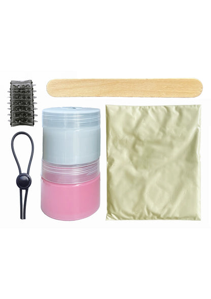 DIY-set voor dildo’s: roze en lichtblauwe potten, houten staaf, beige doek