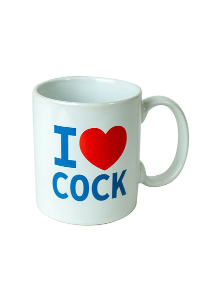 Witte koffiemok met handvat rechts en blauwe tekst 'I ♥ COCK'