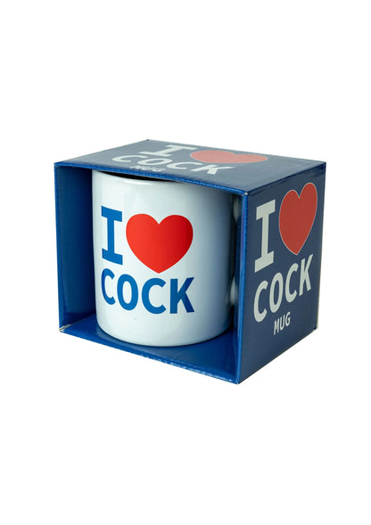 Mok in blauwe geschenkdoos met rode hart en tekst 'I ♥ COCK'
