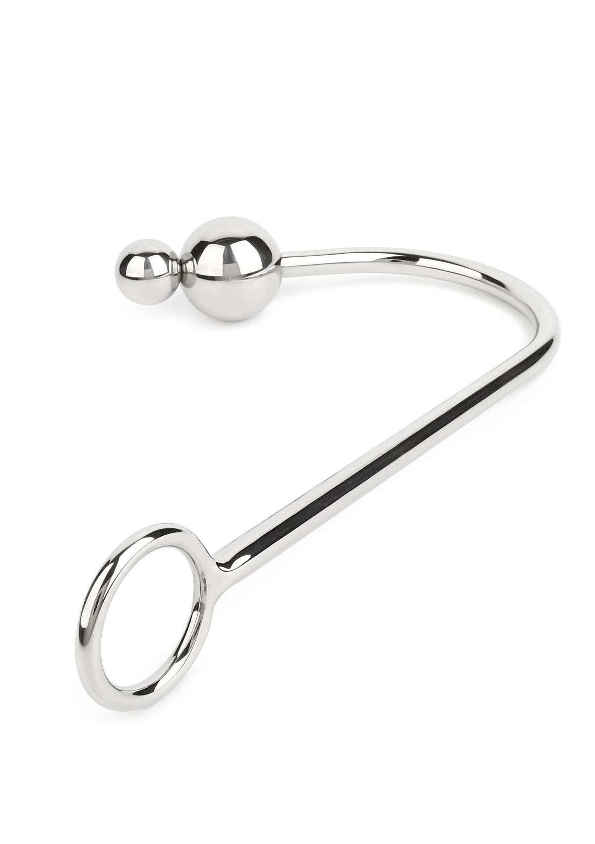 RVS anale hook met twee glanzende ballen en open oogvormige haak, zijkant