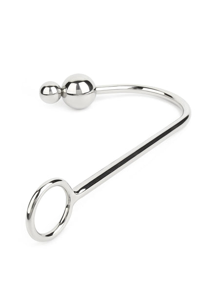 RVS anale hook met twee glanzende ballen en open oogvormige haak, zijkant