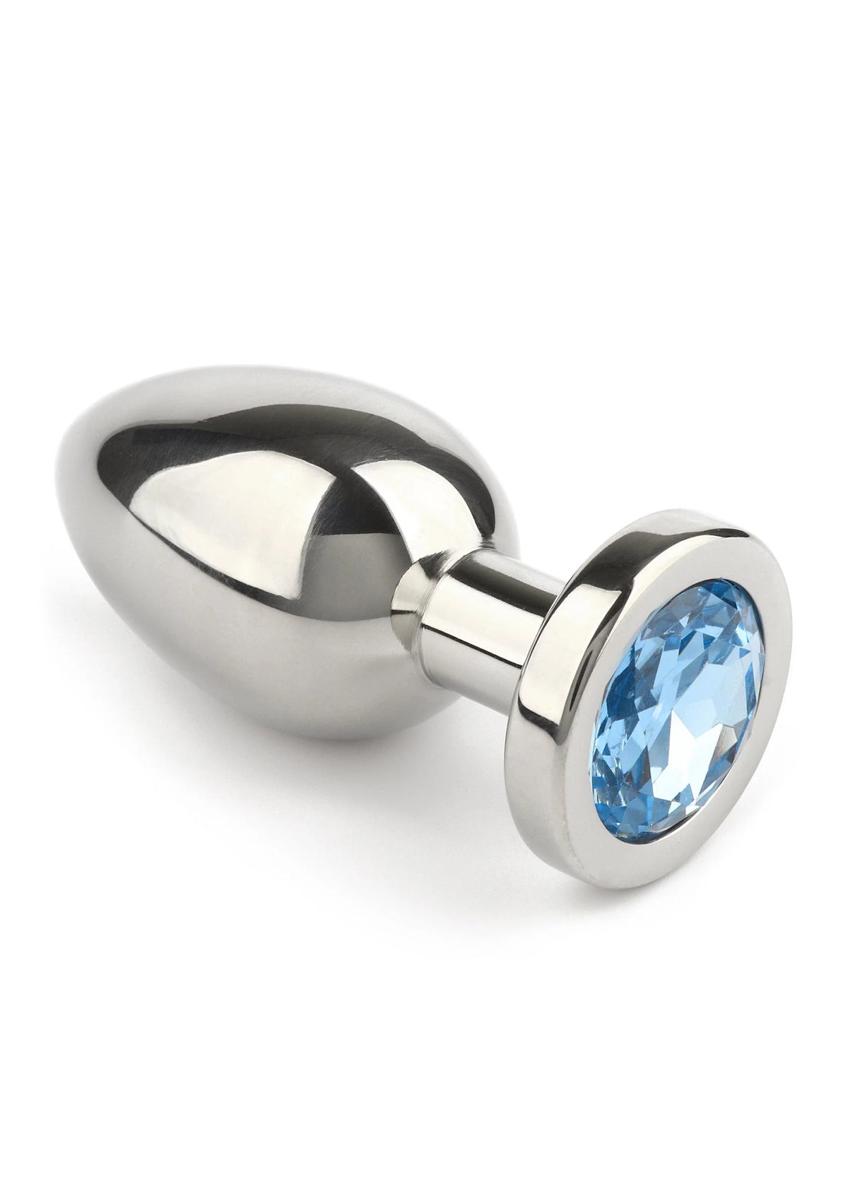 Metalen buttplug met ronde basis en blauwe edelsteen, glanzende afwerking