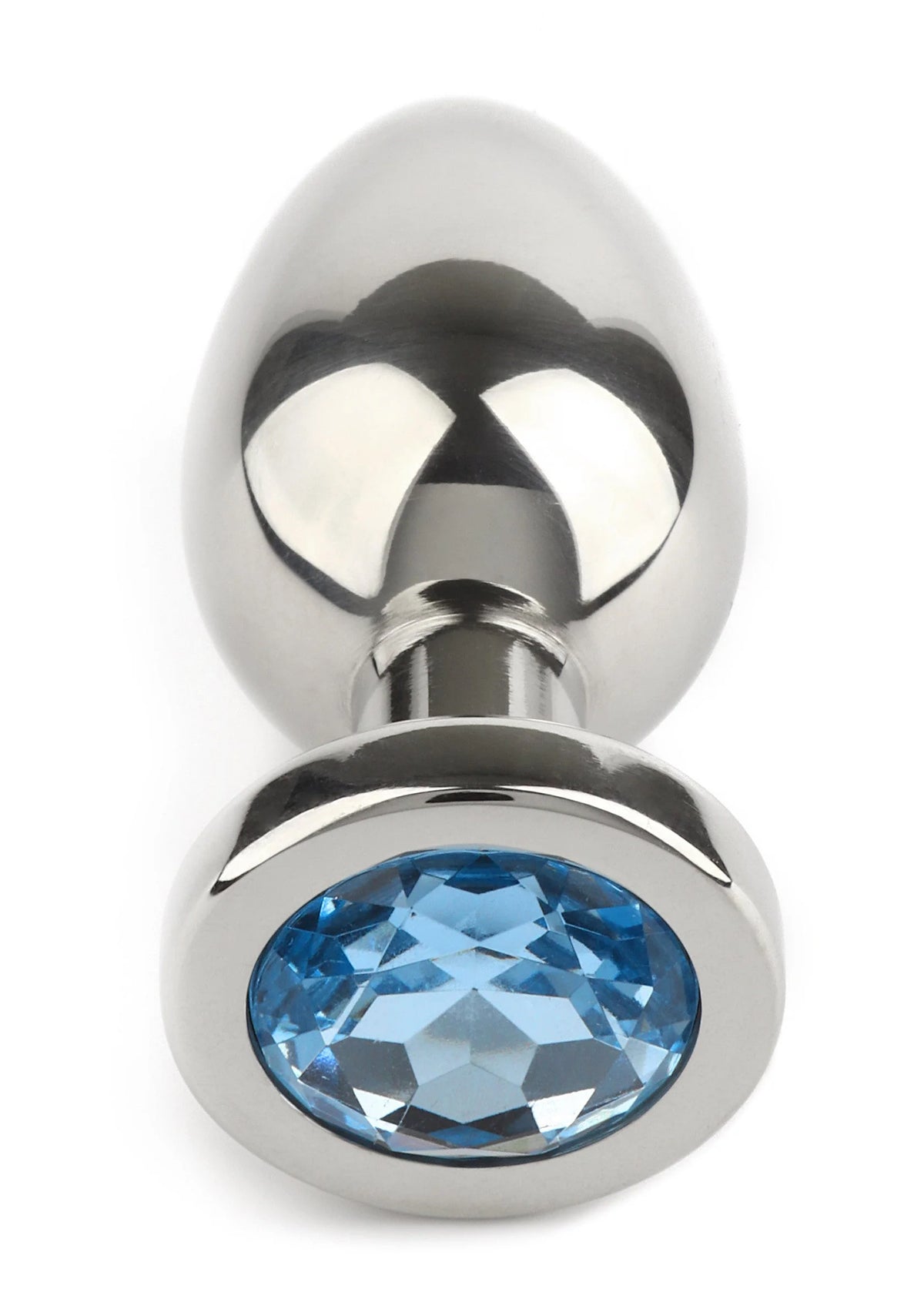 RVS anale plug met blauwe edelsteen in ovale voet en kegelvormige achterkant.