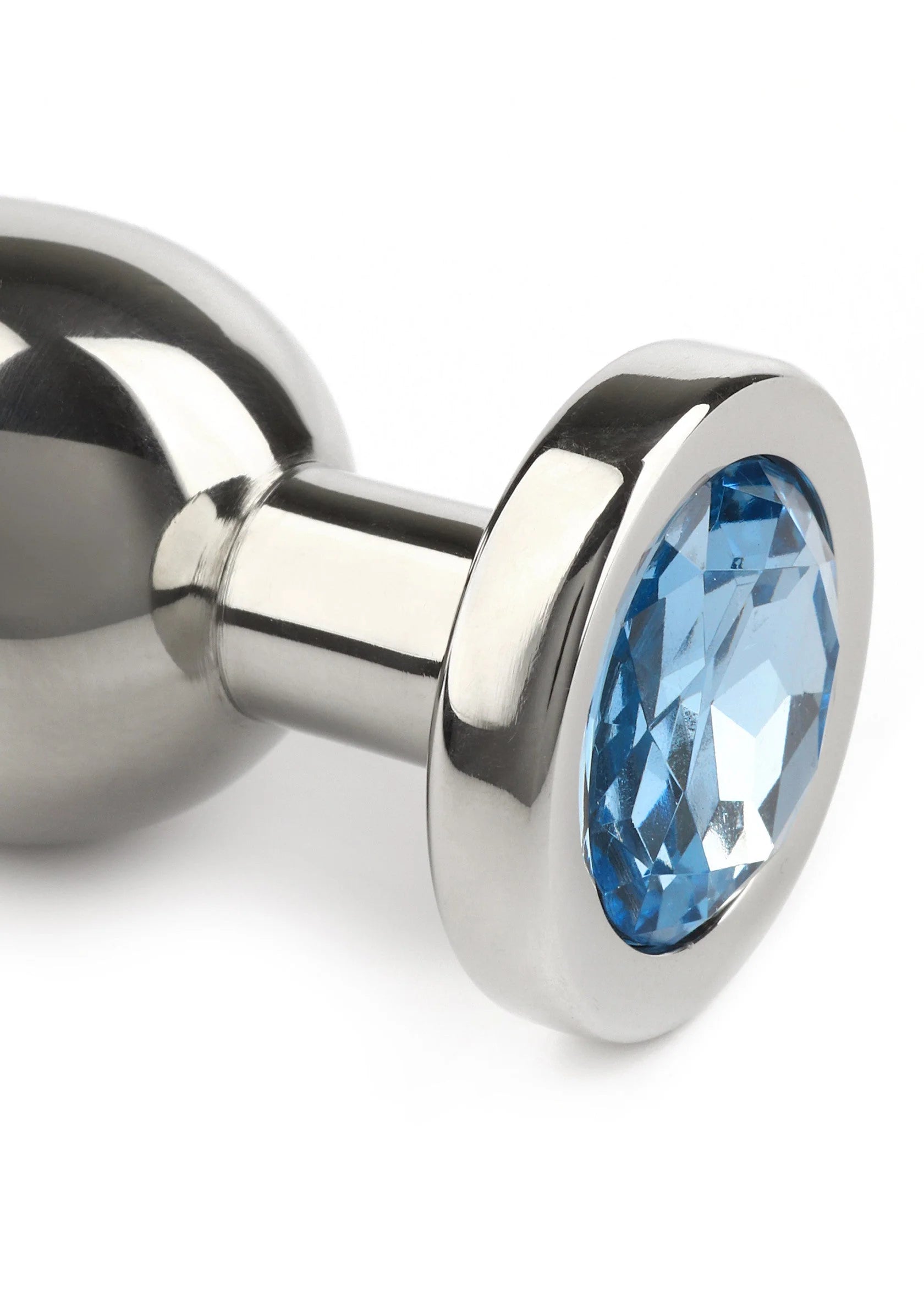 RVS anale plug met blauwe steen, zijkant met metalen kraag.