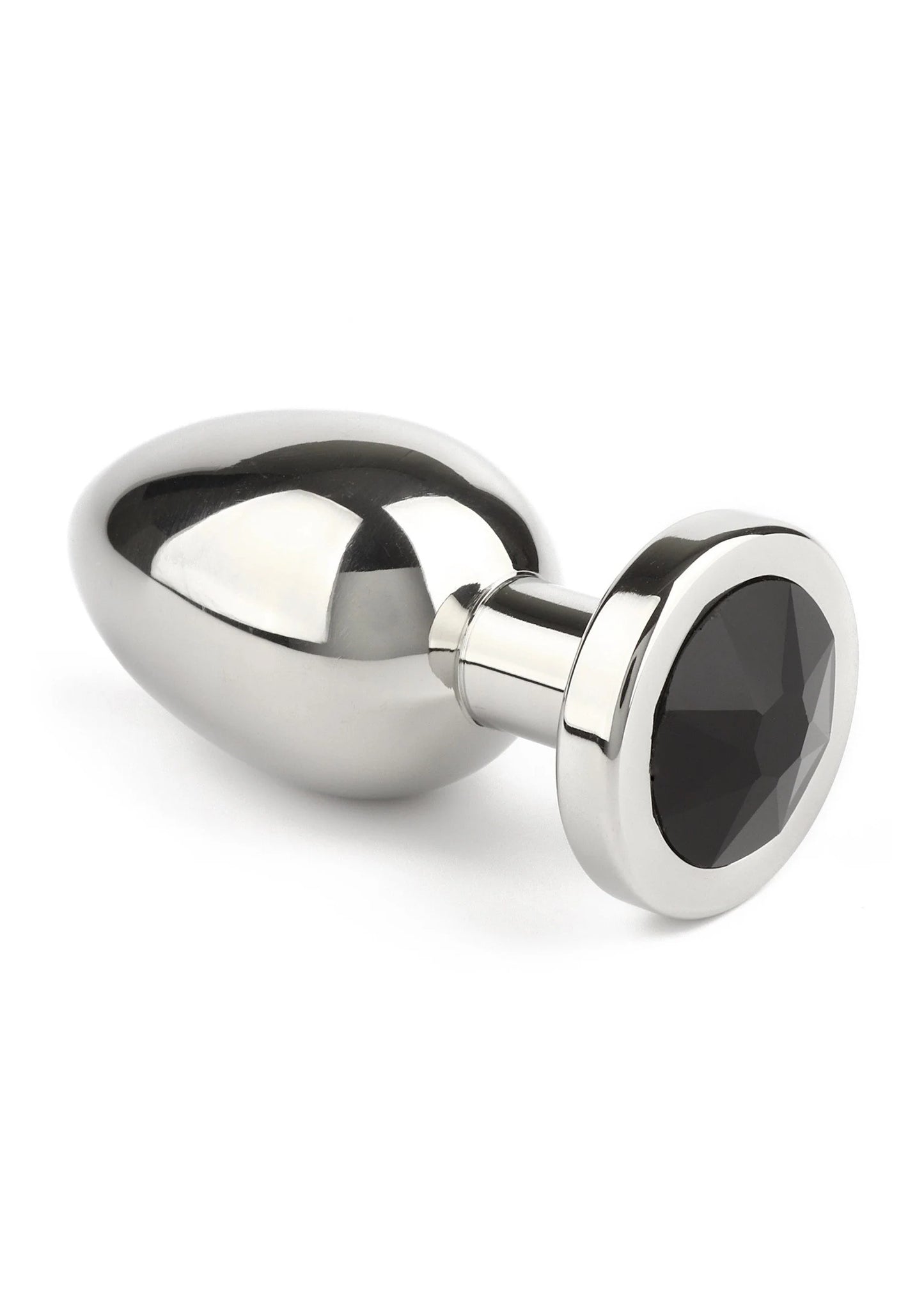 Metalen buttplug met ronde basis en donkere edelsteen, glanzende afwerking