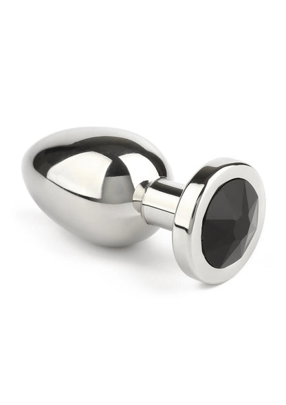 Metalen buttplug met ronde basis en donkere edelsteen, glanzende afwerking
