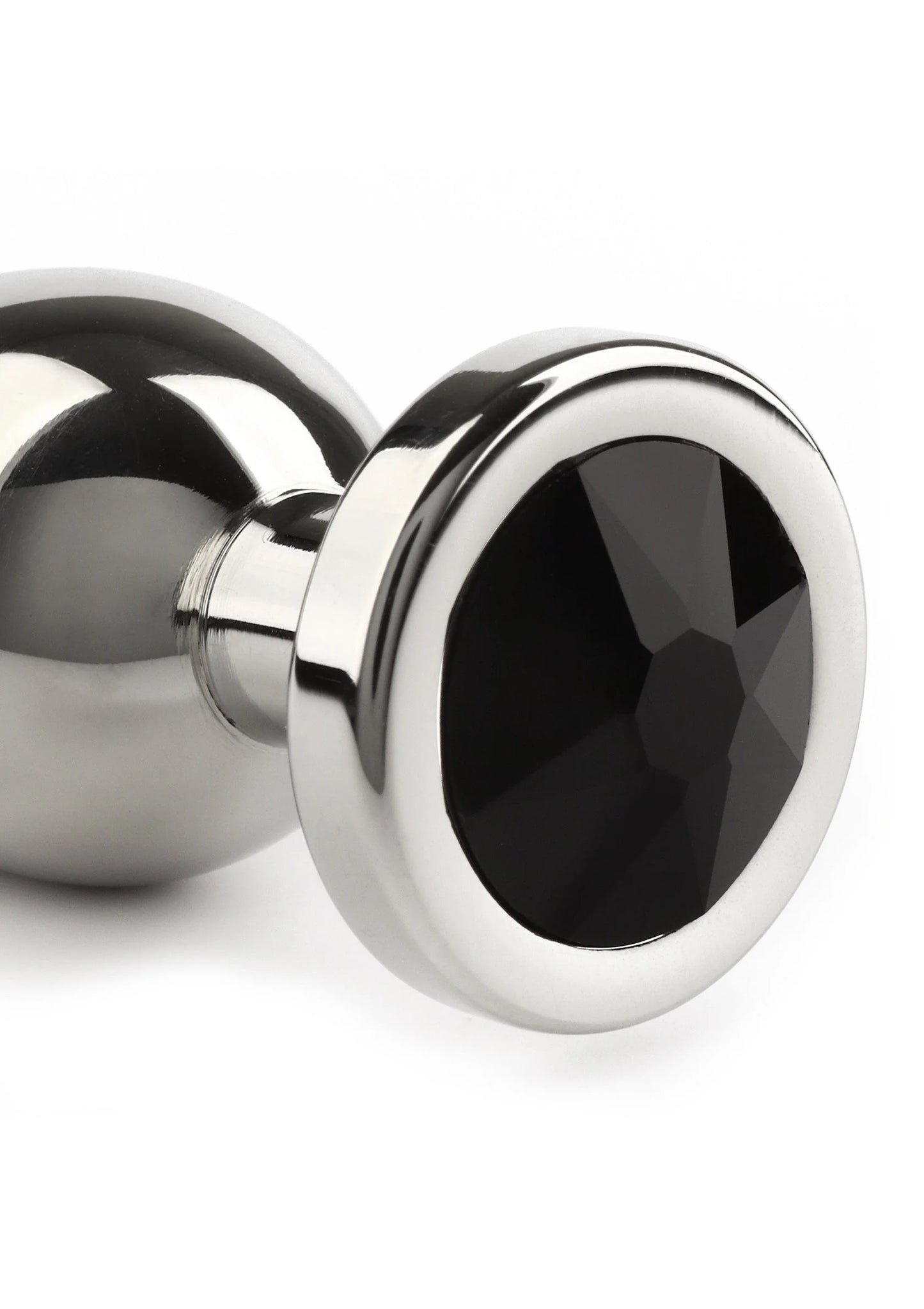 RVS anale plug met ovale zwarte steen en glanzende chromen rand