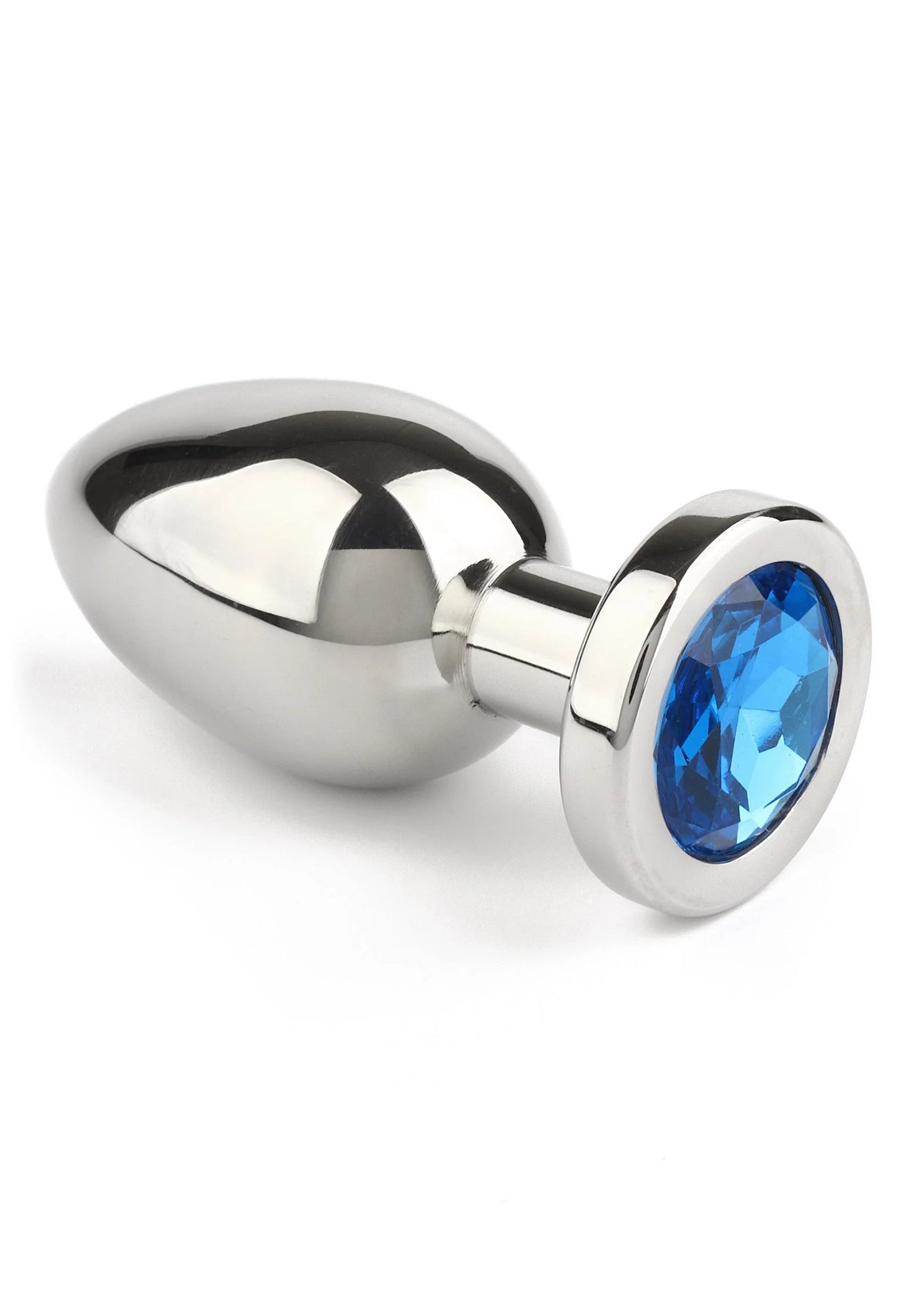 Metalen buttplug met afgeronde vorm en blauwe edelsteen in zilverkleurige setting