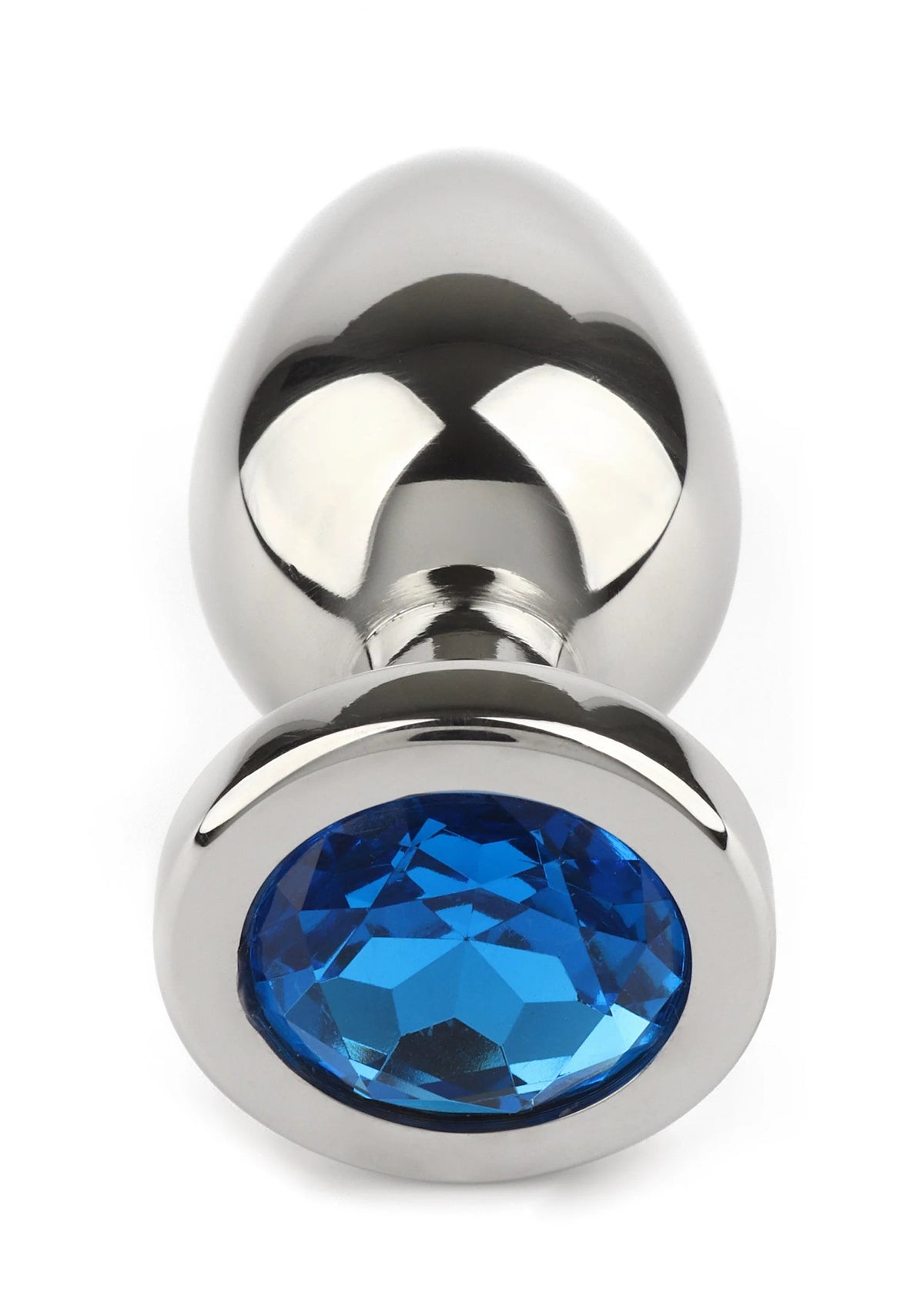 Kleine zilverkleurige buttplug met blauwe siersteen en bolvormige kern