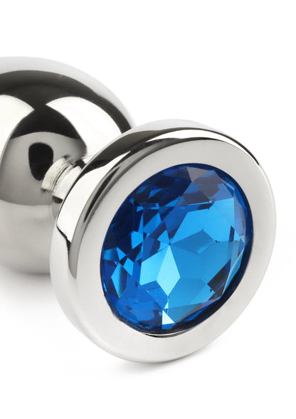 RVS buttplug met blauwe ovale facet-edelsteen