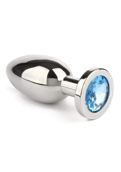 RVS anale plug met blauwe edelsteen en afgeronde komvormige punt