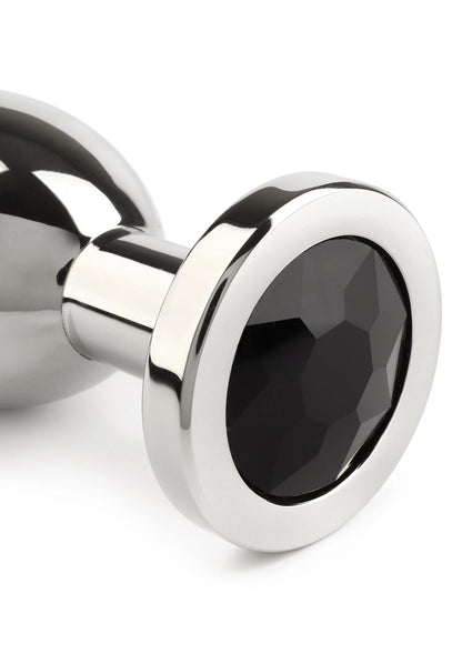 Anale plug met ovale zwarte inzet in zilveren ring en conische schacht