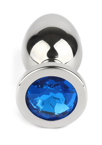 Metalen anale plug met blauwe kristal-inzet en ronde basisring