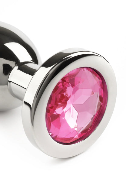 Metalen buttplug met grote roze edelsteen en zilveren rand
