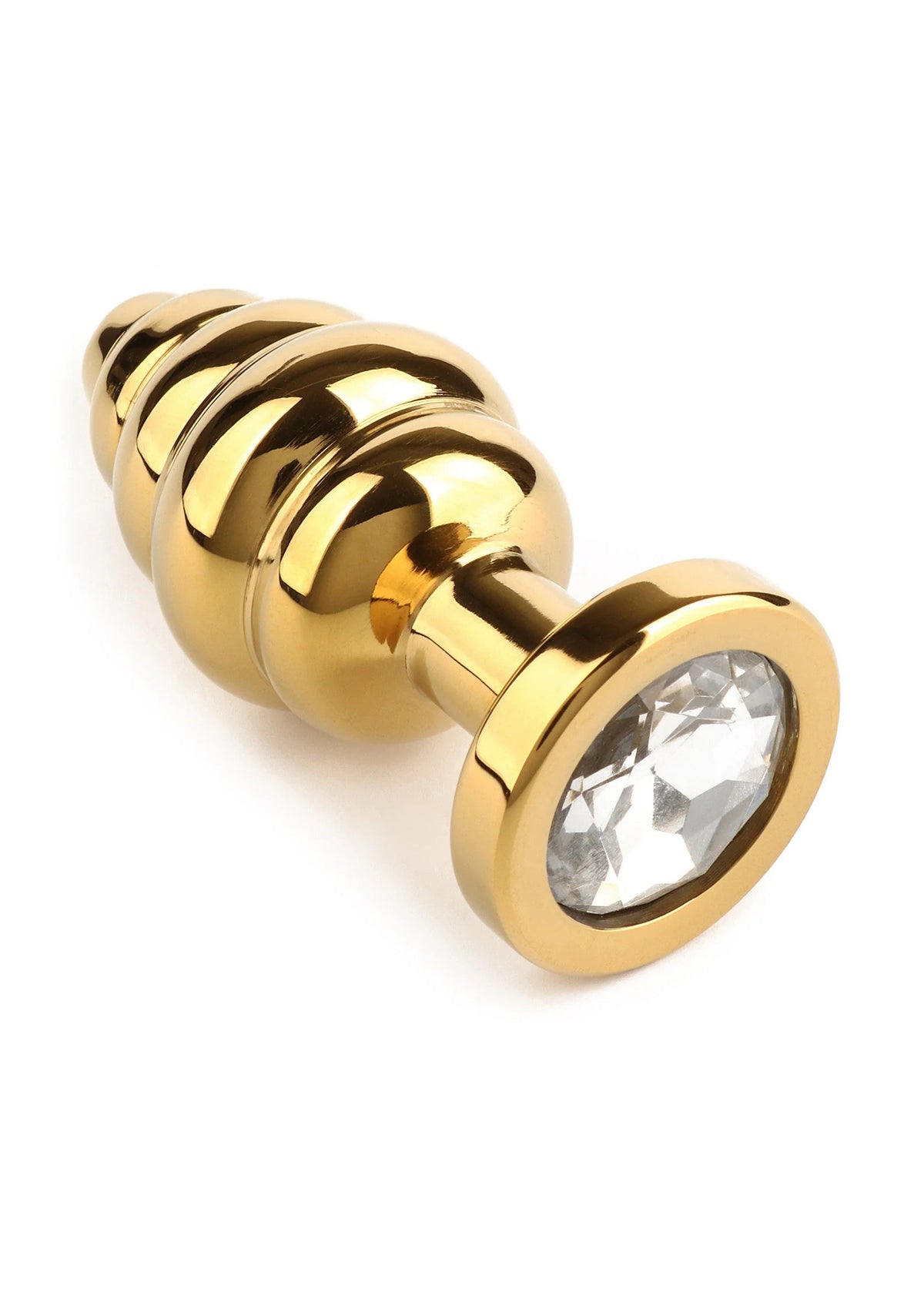 Kleine twister-buttplug van Mr. Steel, goudkleurig met ronde heldersteen en ribbels