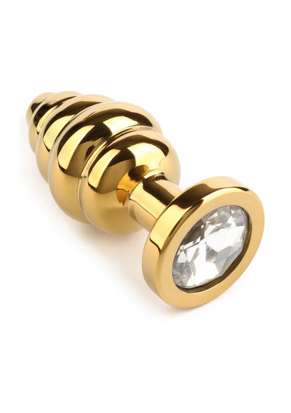 Kleine twister-buttplug van Mr. Steel, goudkleurig met ronde heldersteen en ribbels