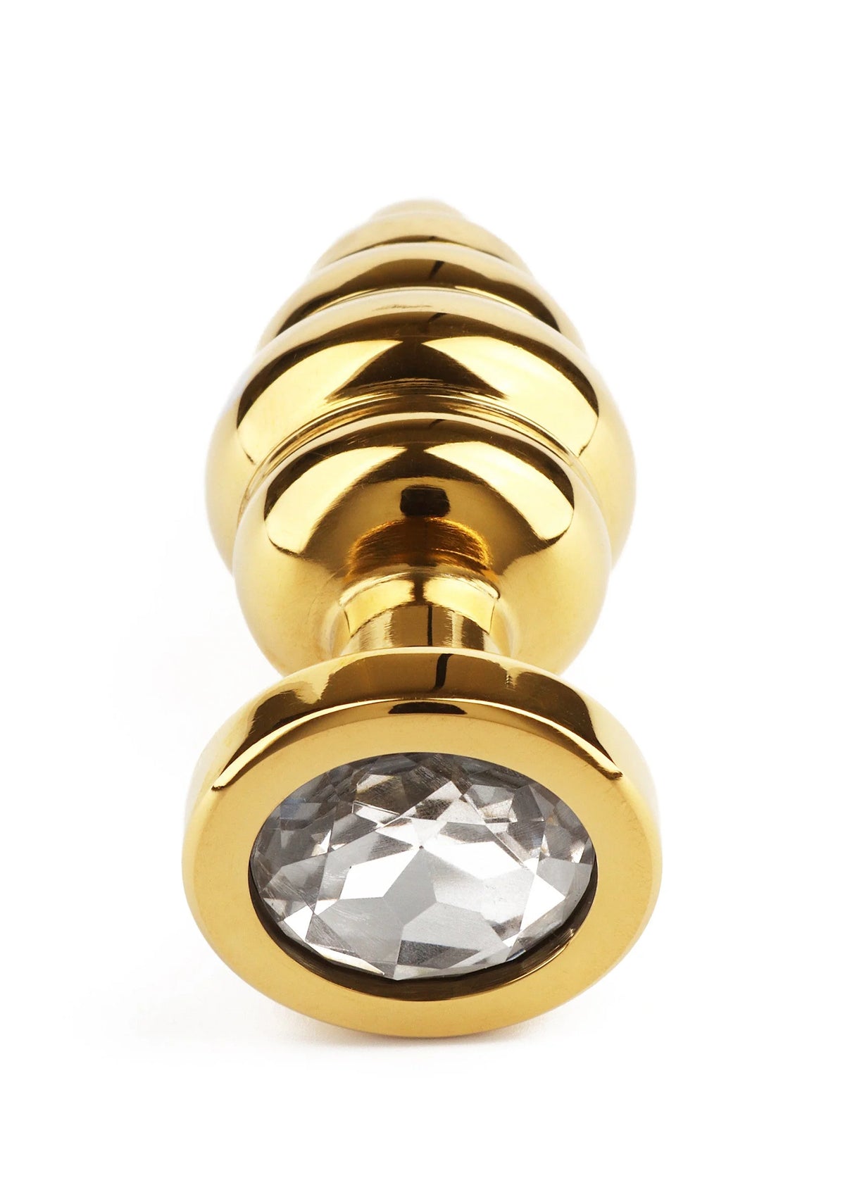 Gouden buttplug met bolvormige knop en ronde inzet met helder steentje