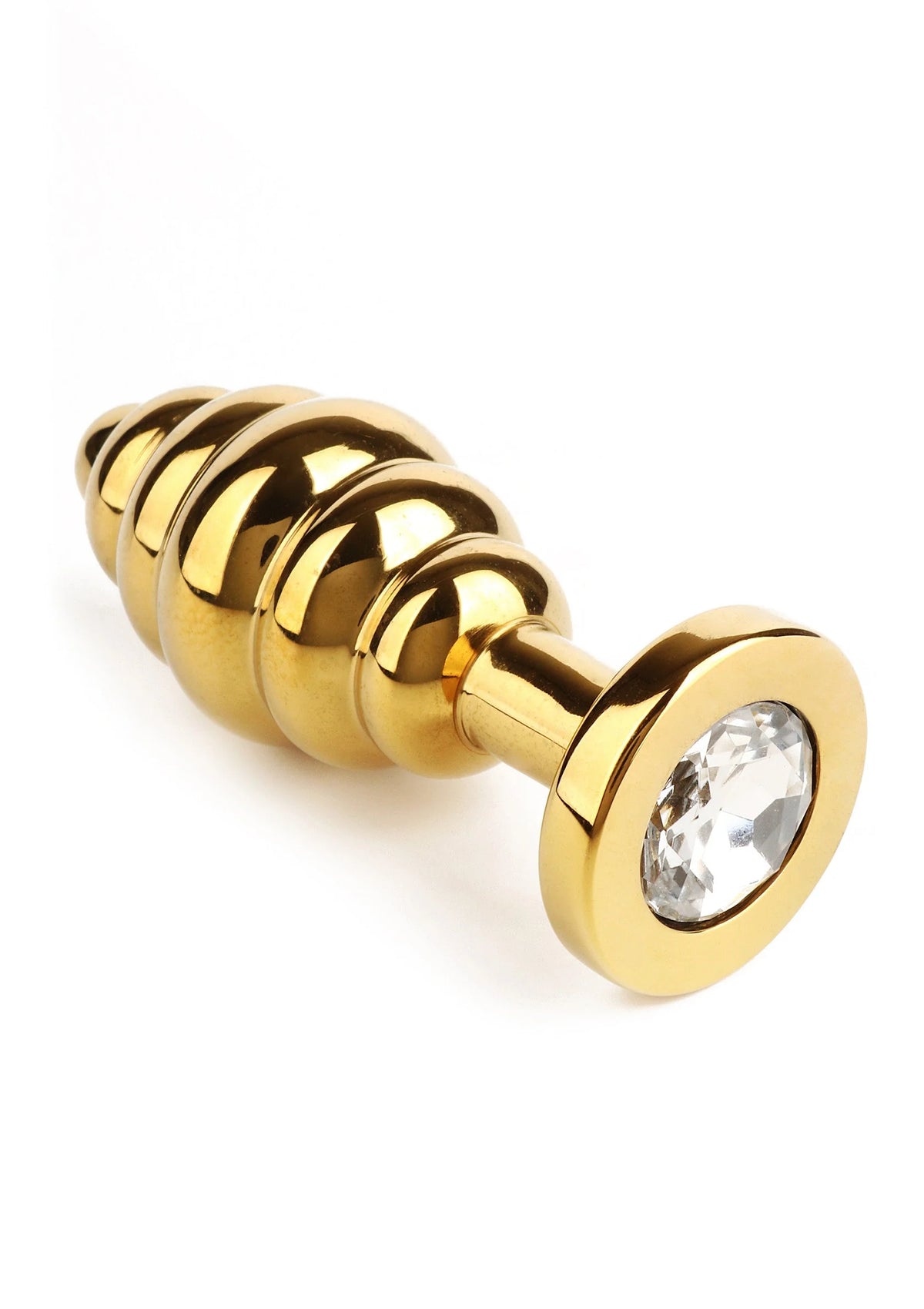 Twister butt plug in goud met ronde voet en transparante steenset aan de voorkant