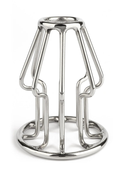 RVS anale plug met trapezium kooi en ronde voet, frontaanzicht