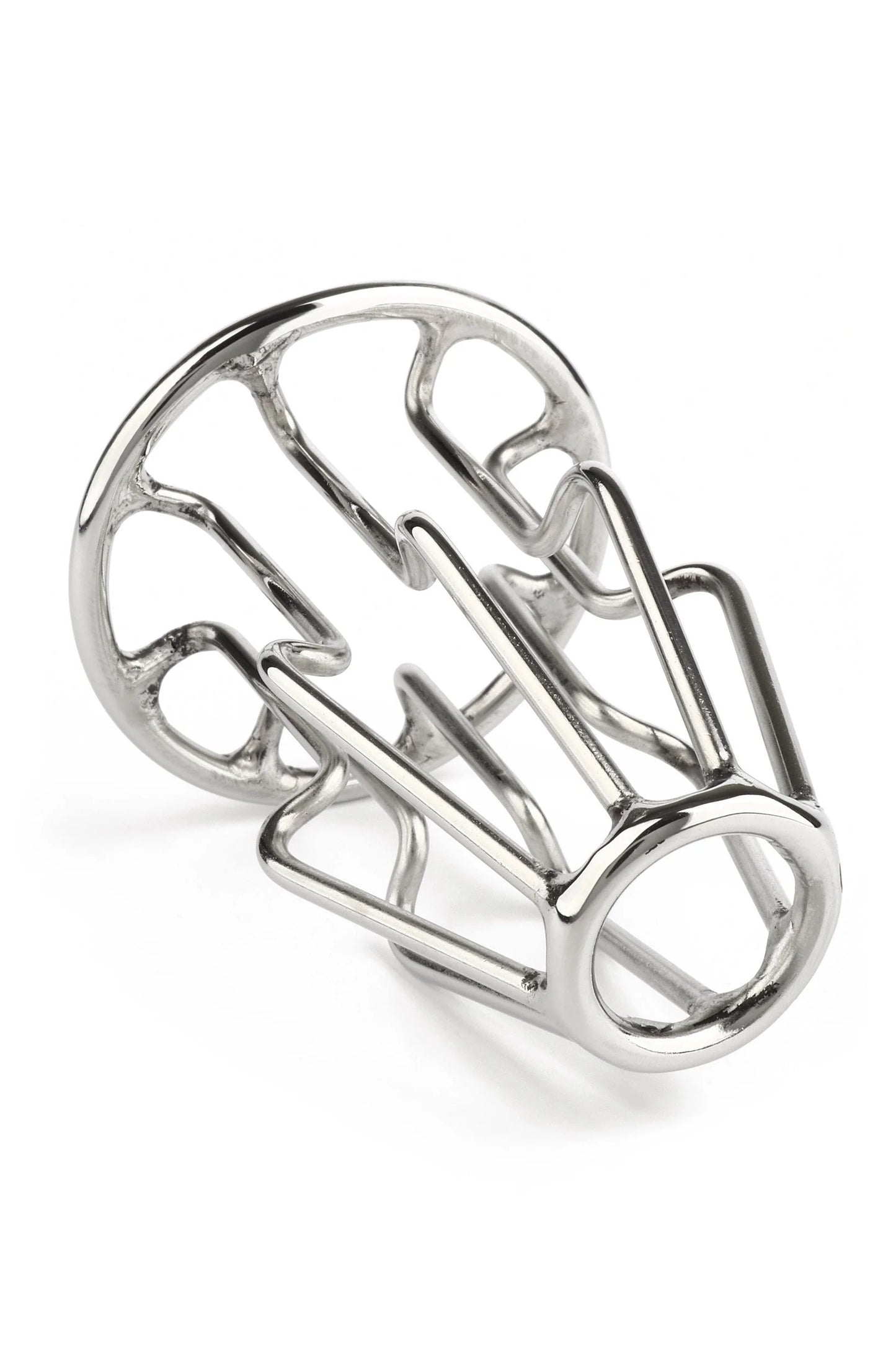 Kleine metalen anale plug met trapezoïde kooi, glanzend zilver