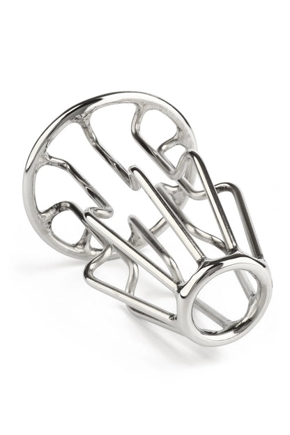 Kleine metalen anale plug met trapezoïde kooi, glanzend zilver