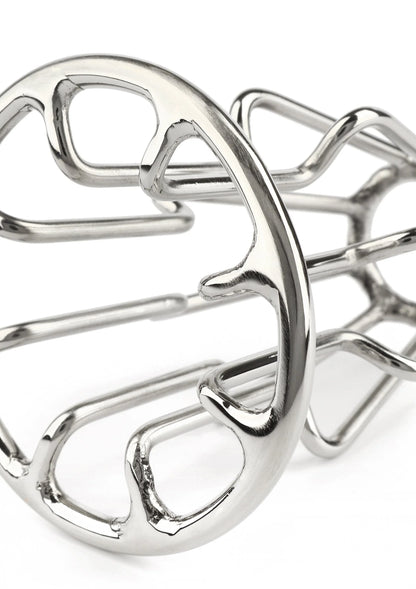 Zilveren metalen anale plug met trapezoïde kooi en verbindingsring, glanzend