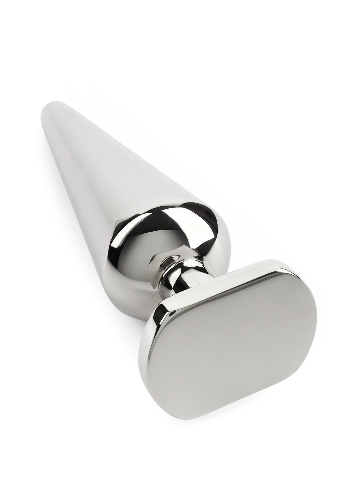 Metalen anale plug met ronde basis en conische vorm, glanzend chroom