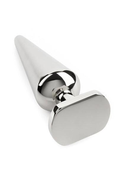 Metalen anale plug met ronde basis en conische vorm, glanzend chroom