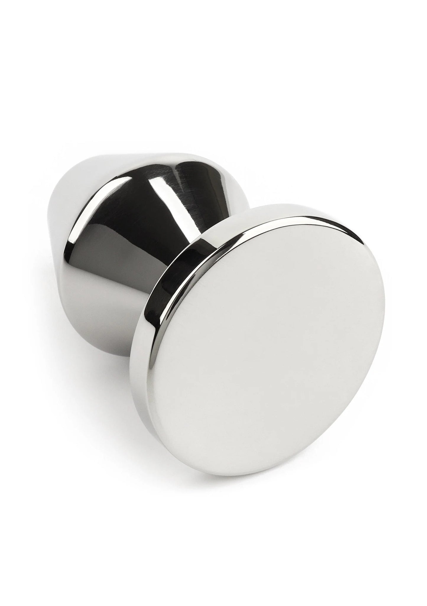 Kleine metalen anale plug met ronde schijf-basis, glanzend chroom.