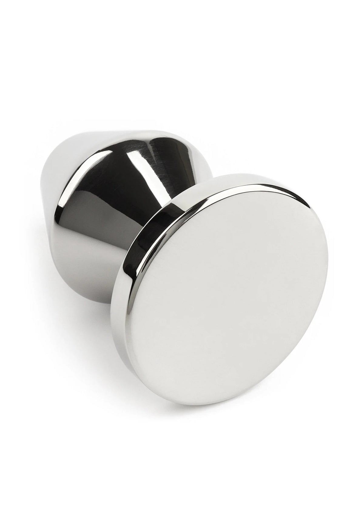 Kleine metalen anale plug met ronde schijf-basis, glanzend chroom.