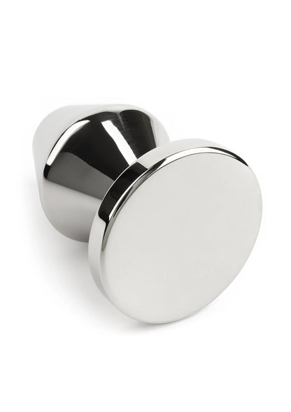 Kleine metalen anale plug met ronde schijf-basis, glanzend chroom.